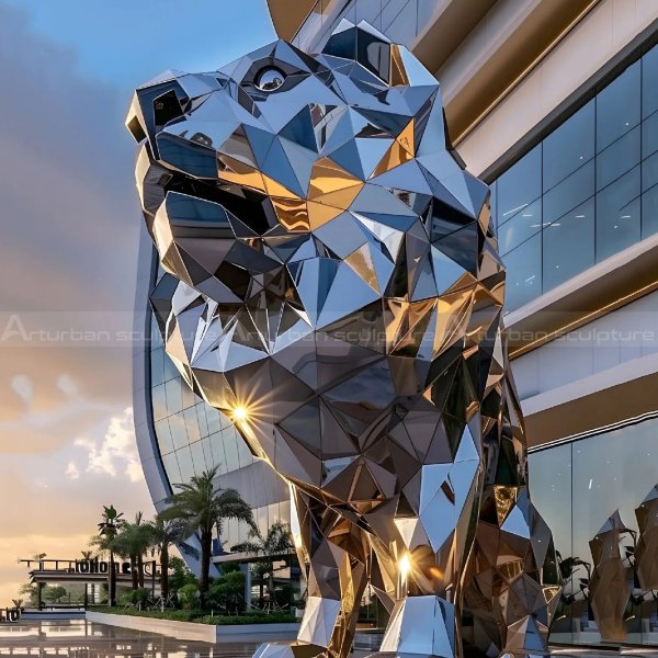 Large Stainless Steel Geometric Lion Statue