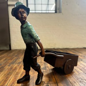 Vintage Bronze Farm Boy with Wheelbarrow