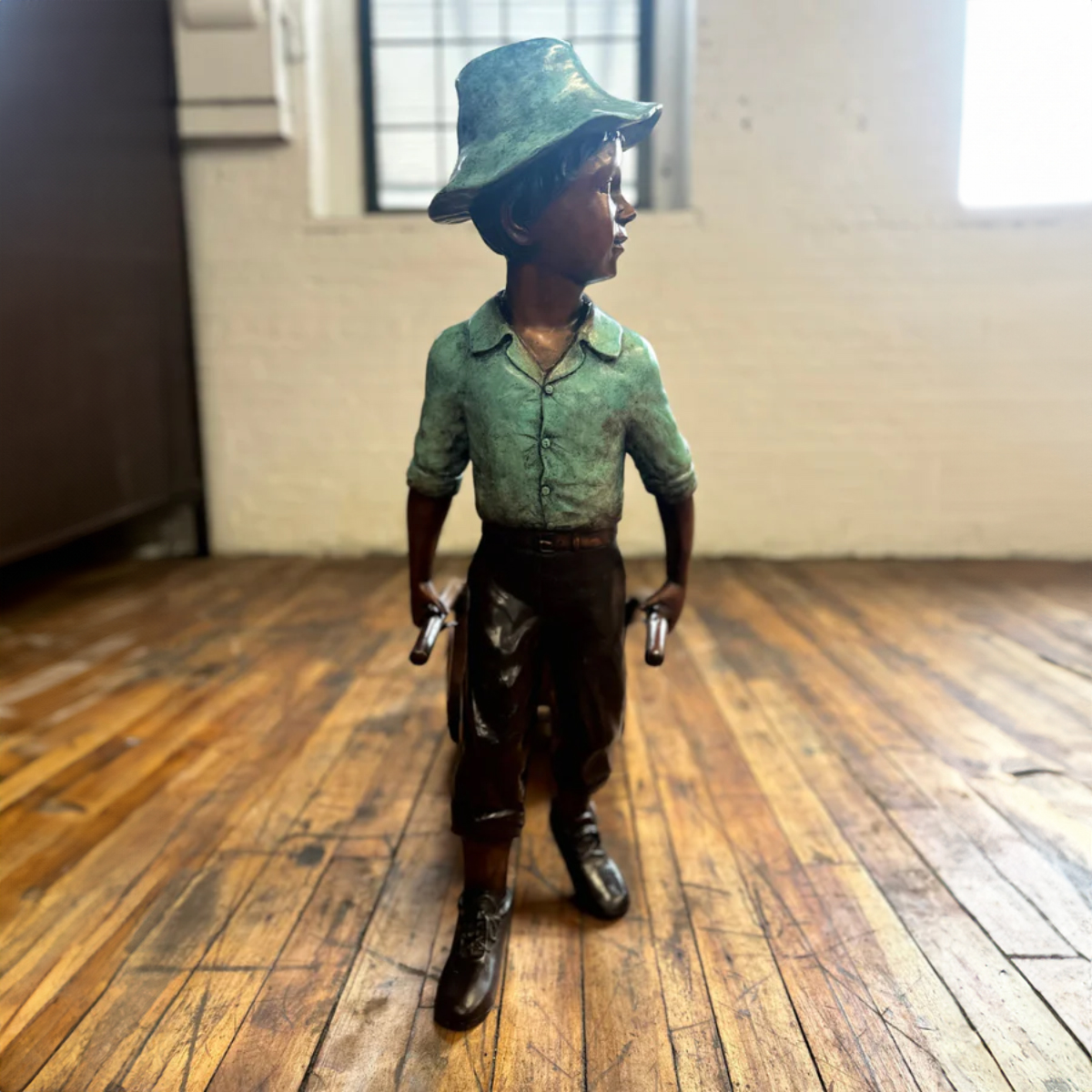 Vintage Bronze Farm Boy with Wheelbarrow