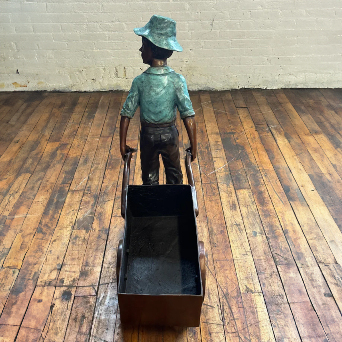 Vintage Bronze Farm Boy with Wheelbarrow