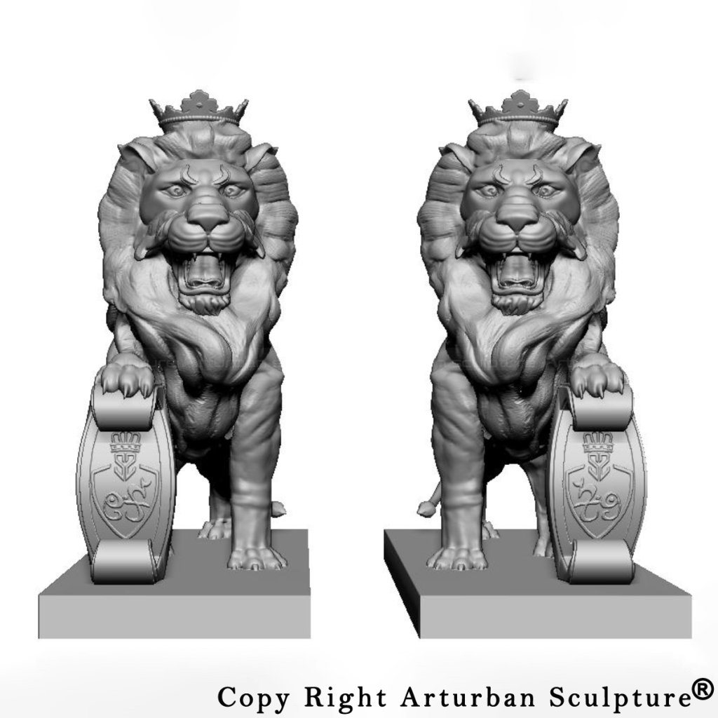 3D design of white lion statue with gold crown