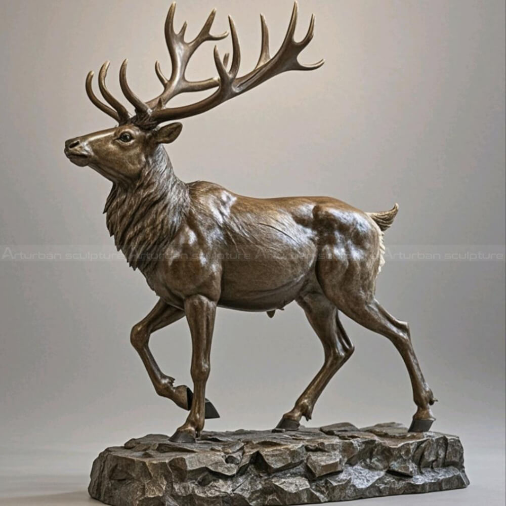 bronze elk statue standing on rock